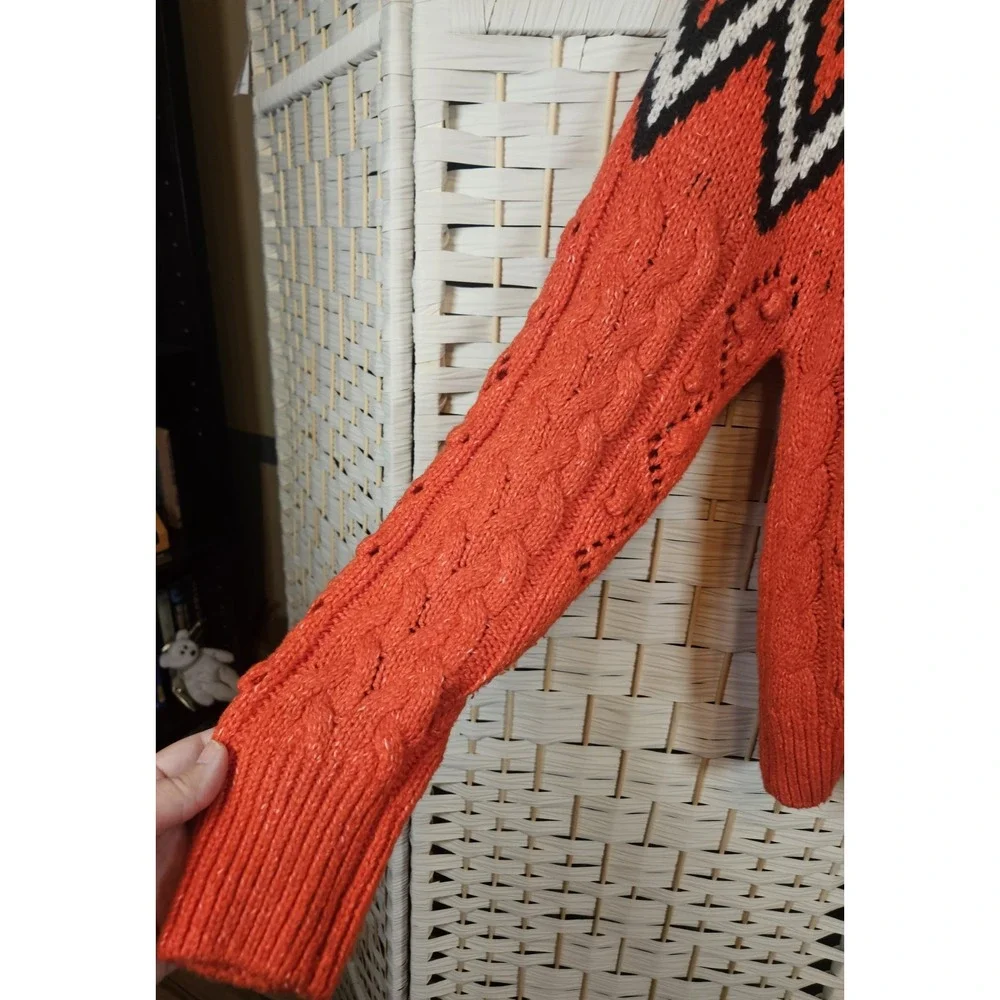 Lucky Brand Womens Medium Orange Sweater Fair Isle Fisherman Ski